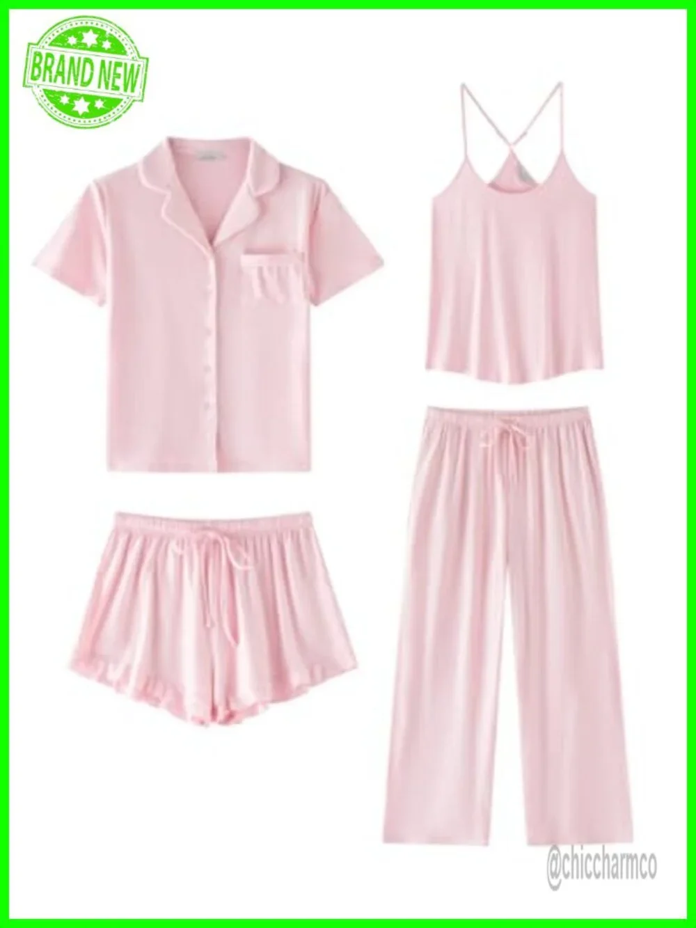 Soft Pajama Sets 4 Pcs Button Down Top and Pants Cami Ruffle Shorts Lounge Sets